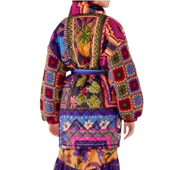 FARM RIO Patchwork Coat Quilted Crochet Sweater Sleeve Trench Boho Print Jacket - Picture 2 of 16